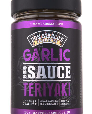 Garlic Teriyaki BBQ Sauce im Glasbehälter mit schwarzem Deckel