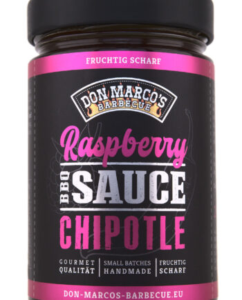 Raspberry Chipotle BBQ Sauce im Glasbehälter mit schwarzem Deckel