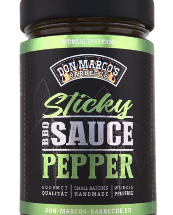 Sticky Pepper BBQ Sauce im Glasbehälter mit schwarzem Deckel