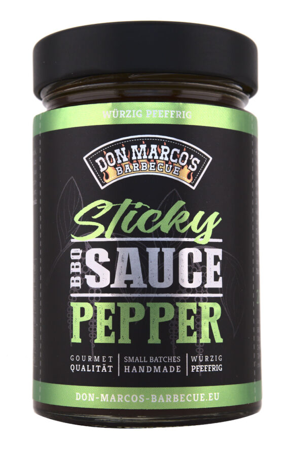 Sticky Pepper BBQ Sauce im Glasbehälter mit schwarzem Deckel