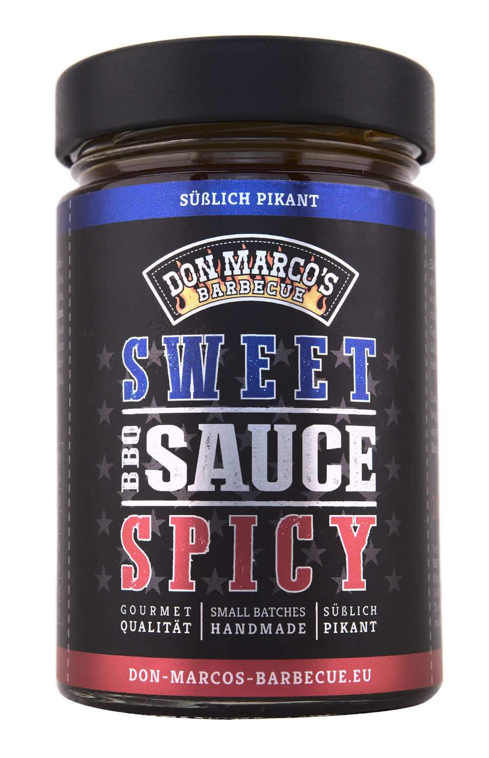 Sweet & Spicy BBQ Sauce im Glasbehälter mit schwarzem Deckel