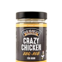 Crazy Chicken Rub in Glas Dose, schwarzes Etikett, Comic Huhn mit Kopfbandage als Maskotchen, schwarzer Blech Deckel