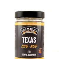 Texas Rub in Glas Dose, schwarzes Etikett, Comic Rind in Cowboyoutfit als Maskotchen, schwarzer Blech Deckel