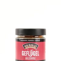 Gefluegel Grillgewuerz in Glasbehaelter, rot schwarzes Papier Etikett, schwarzer Schraubdeckel