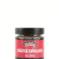 Kraeuter Knoblauch Grillgewuerz in Glasbehaelter, rot schwarzes Papier Etikett, schwarzer Schraubdeckel