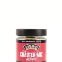 Kraeuter Mix Grillgewuerz in Glasbehaelter, rot schwarzes Papier Etikett, schwarzer Schraubdeckel