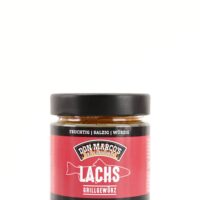 Lachs Grillgewuerz in Glasbehaelter, rot schwarzes Papier Etikett, schwarzer Schraubdeckel