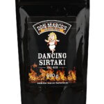 Dancing Sirtaki Rub im Nachfuellbeutel, schwarzer wiederverschließbarer Beutel mit Zipper, schwarz gesleeved, Comic Schwein im Kleid tanzend als Maskotchen