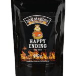 Happy Ending Rub im Nachfuellbeutel, schwarzer wiederverschließbarer Beutel mit Zipper, schwarz gesleeved, Comic Rind massiet ein Steak als Maskotchen