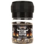 black smoke steak pfeffer in transparenter PET Dose, schwarzes Etikett mit Produktname und Hörnern in Front, schwarze Deckelmühle