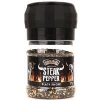 black smoke steak pfeffer in transparenter PET Dose, schwarzes Etikett mit Produktname und Hörnern in Front, schwarze Deckelmühle