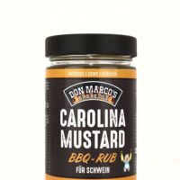 Carolina Mustard Rub in Glas Dose, schwarzes Etikett, orangener Rand und Schrift, schwarzer Blech Deckel, Don Marco's Barbecue Logo oben mittig