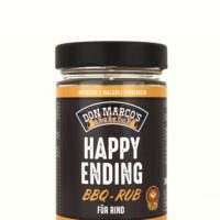 Happy Ending Rub in Glas Dose, schwarzes Etikett, orangener Rand und Schrift, schwarzer Blech Deckel, Don Marco's Barbecue Logo oben mittig