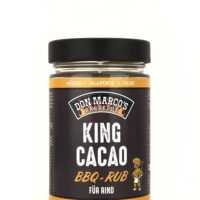 King Cacao Rub in Glas Dose, schwarzes Etikett, orangener Rand und Schrift, schwarzer Blech Deckel, Don Marco's Barbecue Logo oben mittig
