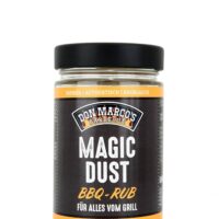 Magic Dust Barbecue Rub in Glas Dose, schwarzes Etikett, orangener Rand und Schrift, schwarzer Blech Deckel, Don Marco's Barbecue Logo oben mittig