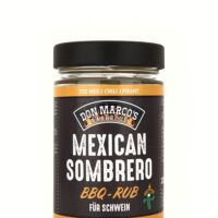 Mexican Sombrero Rub in Glas Dose, schwarzes Etikett, orangener Rand und Schrift, schwarzer Blech Deckel, Don Marco's Barbecue Logo oben mittig