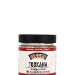 Toskana Kuechengewuerz im Glas, schwarzer Blechdeckel, weißes Etikett mit roter Umrandung und Toskana Schriftzug und Don Marco's Barbecue Logo in der Mitte