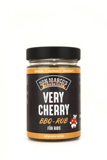 Very Cherry Rub in Glas Dose, schwarzes Etikett, orangener Rand und Schrift, schwarzer Blech Deckel, Don Marco's Barbecue Logo oben mittig, Schweinchen mit Kirschen unten rechts mittig