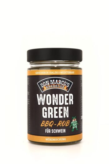 Wondergreen Barbecue Rub in Glas Dose, schwarzes Etikett, orangener Rand und Schrift, schwarzer Blech Deckel, Don Marco's Barbecue Logo oben mittig, Schweinchen in grünem Superheldenkostüm unten rechts mittig