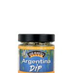 Argentina Dip im Glasbehaelter, blaues Etiket mit Produktname in Front, gerahmt mit gelben Balken und weißer Schrift, schwarzer Blech Deckel