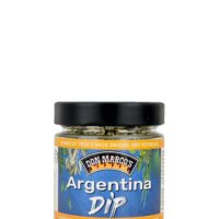 Argentina Dip im Glasbehaelter, blaues Etiket mit Produktname in Front, gerahmt mit gelben Balken und weißer Schrift, schwarzer Blech Deckel