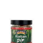 Italian Dip im Glasbehaelter, grünes Etiket mit Produktname in Front, gerahmt mit roten Balken und weißer Schrift, schwarzer Blech Deckel
