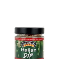 Italian Dip im Glasbehaelter, grünes Etiket mit Produktname in Front, gerahmt mit roten Balken und weißer Schrift, schwarzer Blech Deckel