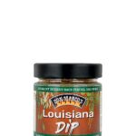 Louisiana Dip im Glasbehaelter, orangenes Etiket mit Produktname in Front, gerahmt mit grünen Balken und weißer Schrift, schwarzer Blech Deckel
