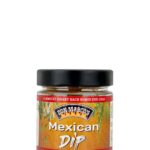 Mexican Dip im Glasbehaelter, orangenes Etiket mit Produktname in Front, gerahmt mit roten Balken und weißer Schrift, schwarzer Blech Deckel