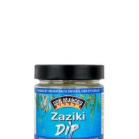 Zaziki Dip im Glasbehaelter, blaues Etiket mit Produktname in Front, gerahmt mit dunkel blauen Balken und weißer Schrift, schwarzer Blech Deckel