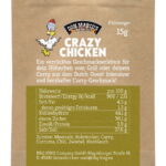 Crazy Chicken Probierportion im braunen Kraftpapier mit Barriereschutz, Etikett mit Vorstellungstext und Nährwertangaben, Don Marco's Barbecue Logo mittig oben