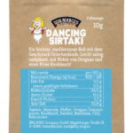 Dancing Sirtaki Probierportion im braunen Kraftpapier mit Barriereschutz, Etikett mit Vorstellungstext und Nährwertangaben, Don Marco's Barbecue Logo mittig oben