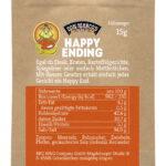 Happy Ending Probierportion im braunen Kraftpapier mit Barriereschutz, Etikett mit Vorstellungstext und Nährwertangaben, Don Marco's Barbecue Logo mittig oben