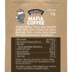 Mafia Coffee Probierportion im braunen Kraftpapier mit Barriereschutz, Etikett mit Vorstellungstext und Nährwertangaben, Don Marco's Barbecue Logo mittig oben