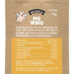 PigWing Probierportion im braunen Kraftpapier mit Barriereschutz, Etikett mit Vorstellungstext und Nährwertangaben, Don Marco's Barbecue Logo mittig oben