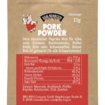 Pork Powder Probierportion im braunen Kraftpapier mit Barriereschutz, Etikett mit Vorstellungstext und Nährwertangaben, Don Marco's Barbecue Logo mittig oben