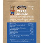 Texas Probierportion im braunen Kraftpapier mit Barriereschutz, Etikett mit Vorstellungstext und Nährwertangaben, Don Marco's Barbecue Logo mittig oben