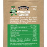 Wonder Green Probierportion im braunen Kraftpapier mit Barriereschutz, Etikett mit Vorstellungstext und Nährwertangaben, Don Marco's Barbecue Logo mittig oben